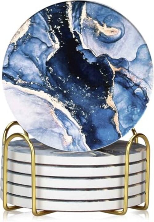 Drink Coasters with Holder 6 Pack, Ceramic Marble Style, Absorbent Navyblue