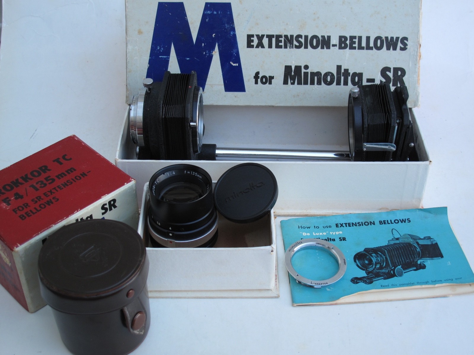 Minolta SR extension bellows Rokkor TC 135/4 lens box, IB, US SELLER "LQQK"