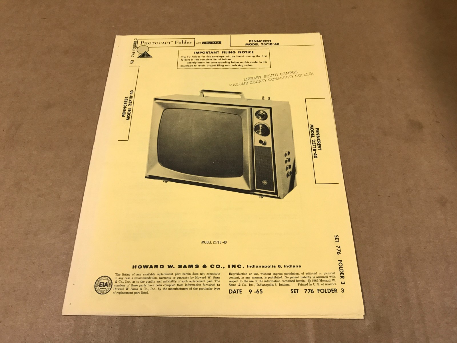 Vintage Photofact Folder - 776-3 - Penncrest TV Model 2371B-40