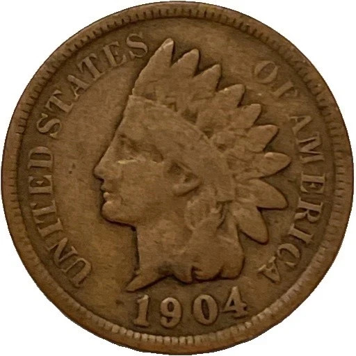 1904 Indian Head Cent Good-Fine (G-F) Average Circulated Condition Bronze Penny