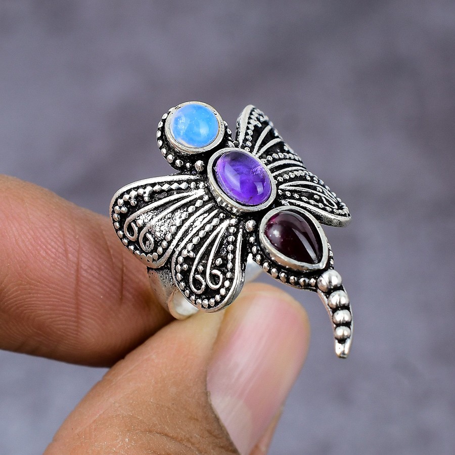 Natural Amethyst, Opal Gemstone Handmade 925 Sterling Silver Ring Size 9 u439