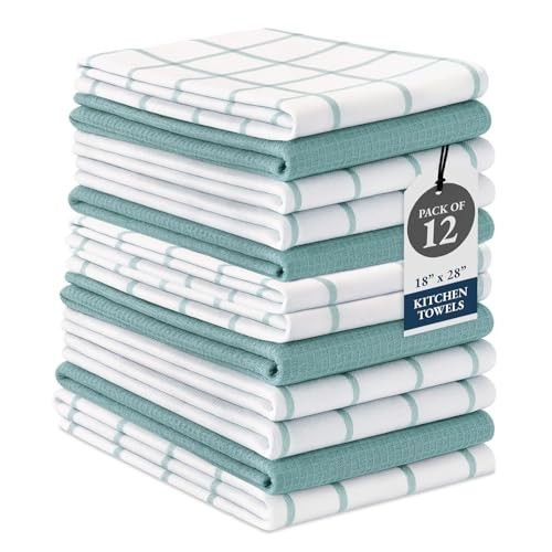 12-Pack Cotton Kitchen Towels & Dishcloths - Quick-Drying, Absorbent, Soft - Aqu