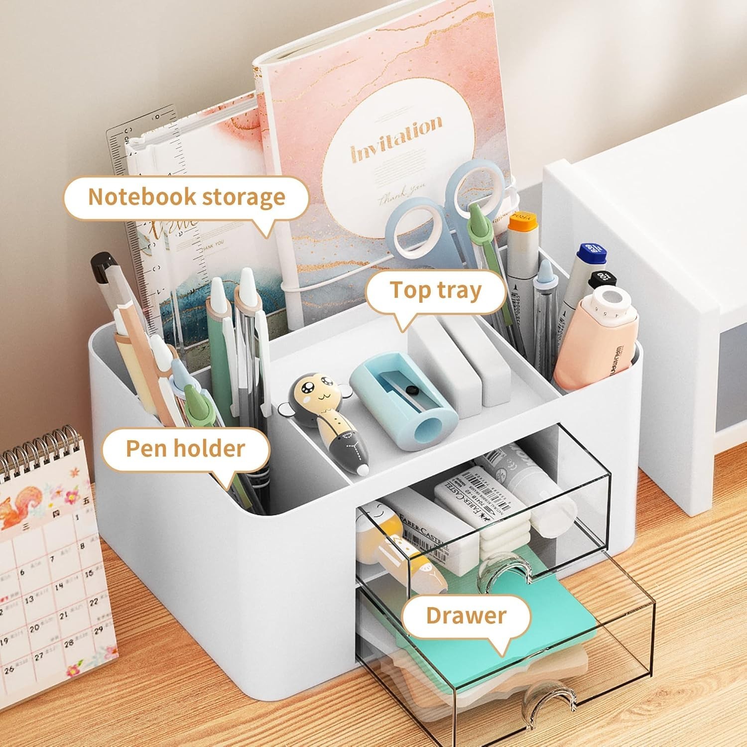 Multi-Functional White Plastic Pen Holder with Drawers for Tidy Workspaces