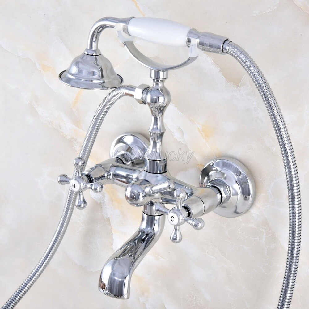 Polished Chrome Brass Bathtub Clawfoot Faucet Mixer Tap Telephone Hand Shower