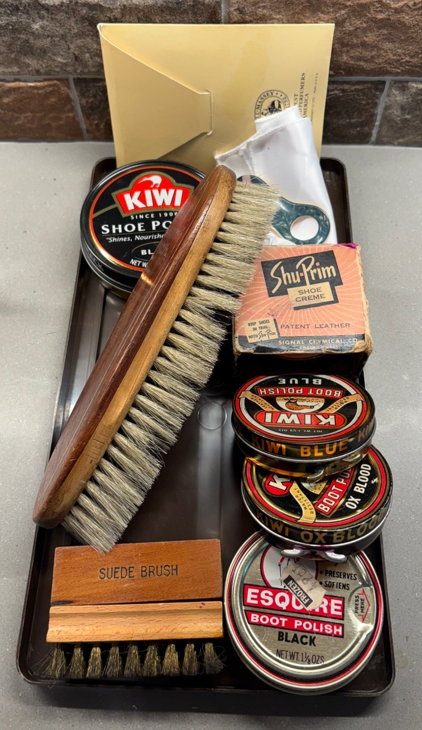 Vintage KIWI Shoe Care Kit Lot Mens lot Wooden Horse Hair Brushes shoe horn