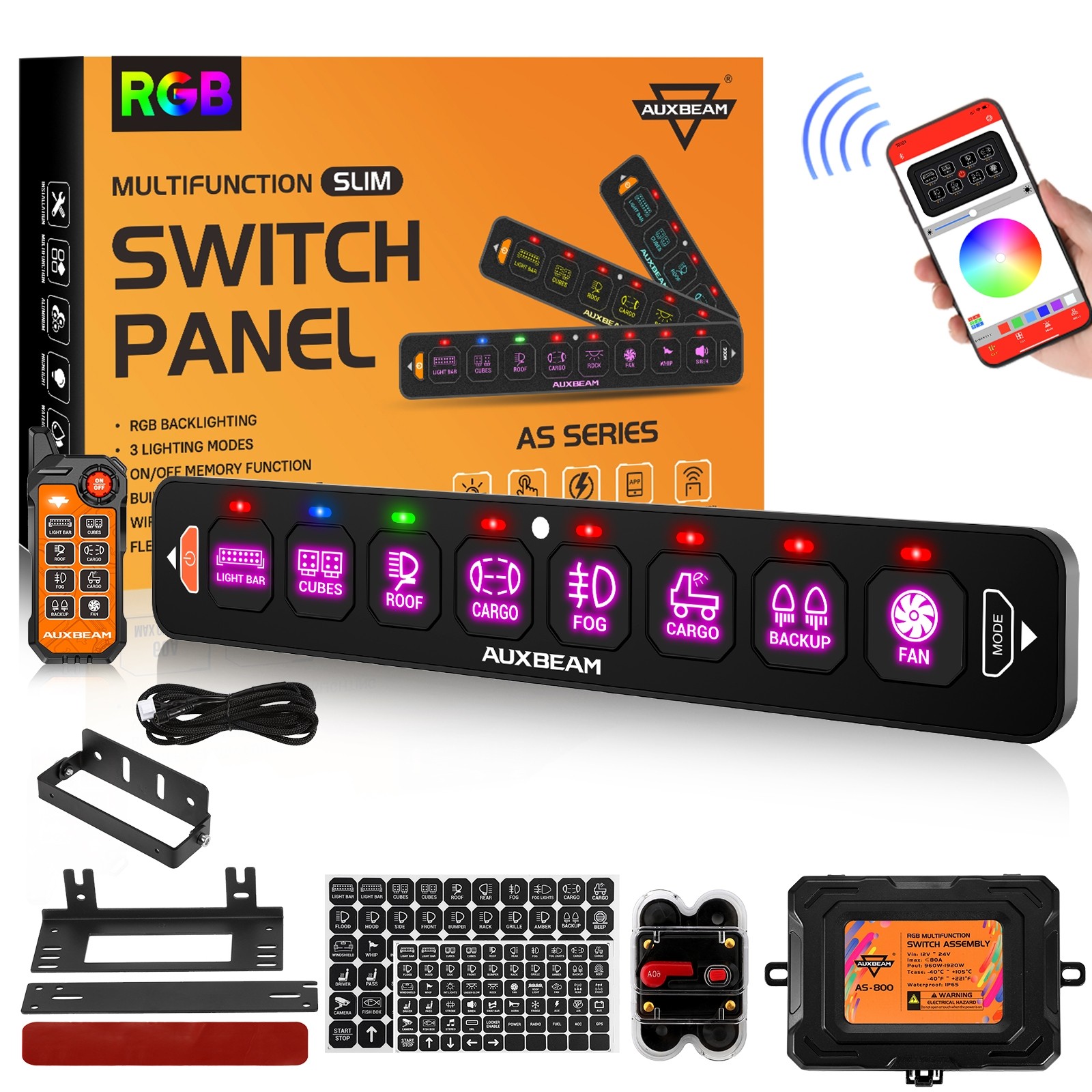 AUXBEAM 8 Gang RGB Slim LED Touch Switch Panel Car Marine Boat Control System