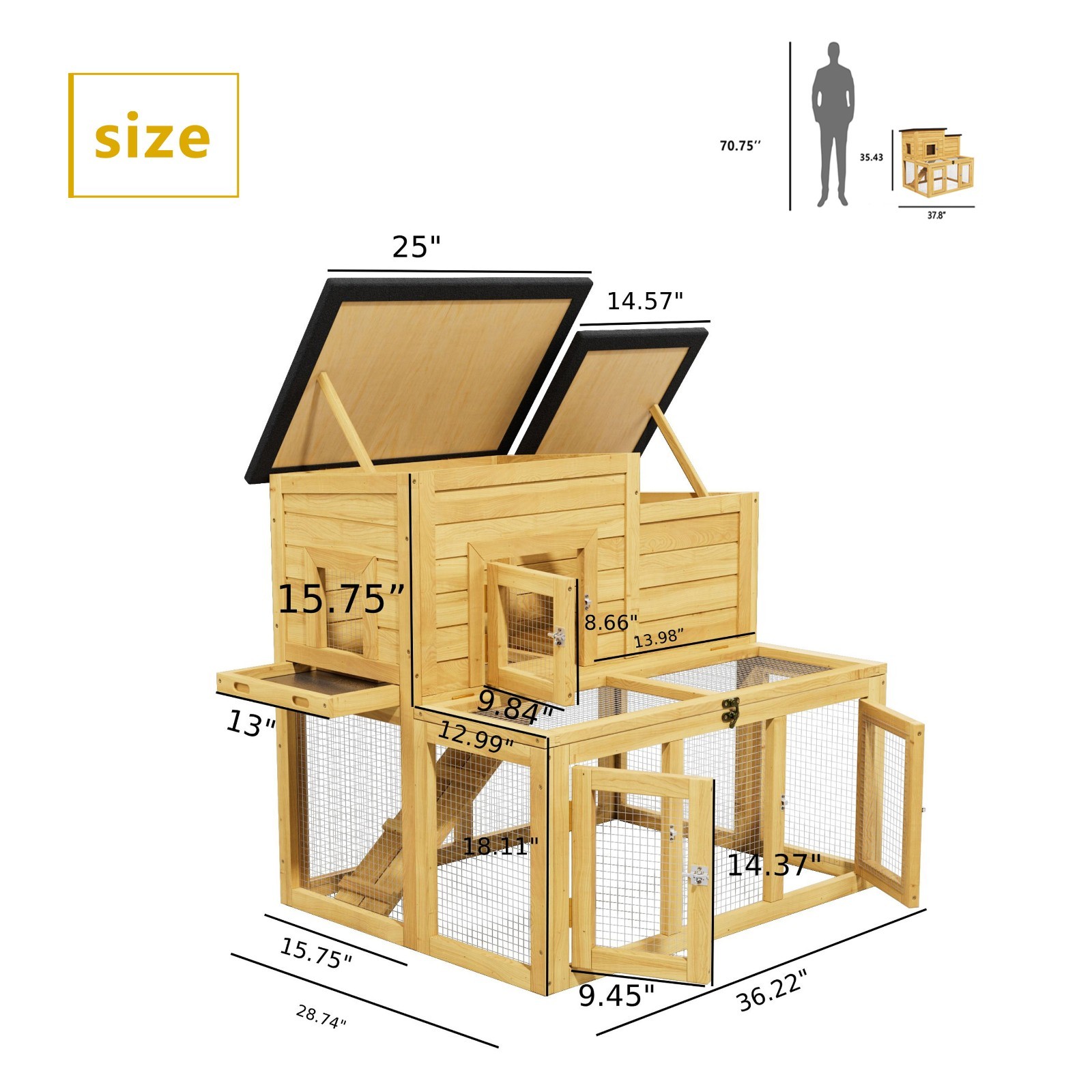 Large Outdoor Wooden Quail Cage Rabbit Hutch Chicken Coop with Run & Ramp，2 Tier