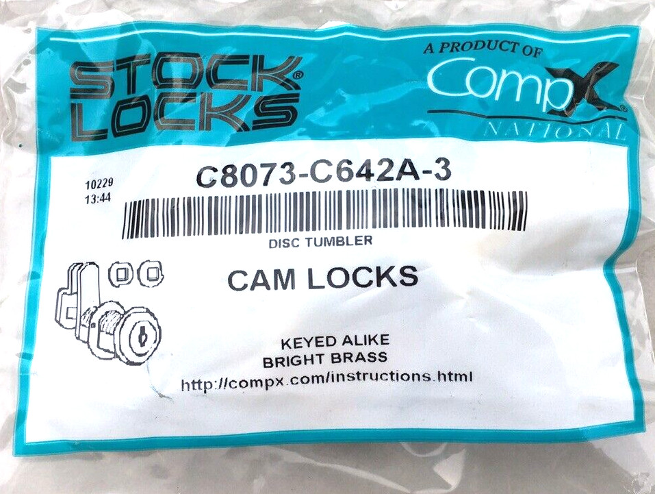 CompX C8073-C642A   Cam Lock 1 3/16" Keyed Alike  Bright Brass USA MADE