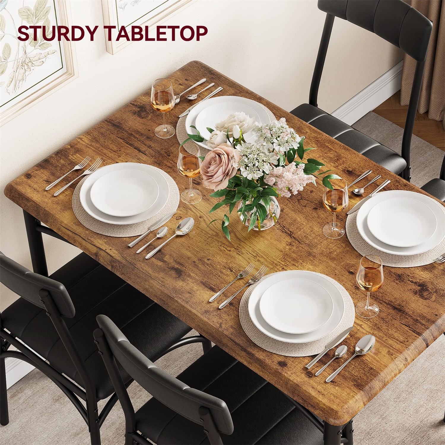 📶Dining Table Set for 4 Kitchen Table and Chairs Metal and Wood Upholstered Cha