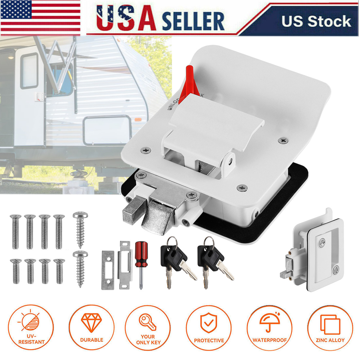 White RV Entry Door Lock Dual Inside/Outside with 4 Keys for Camper Trailer US