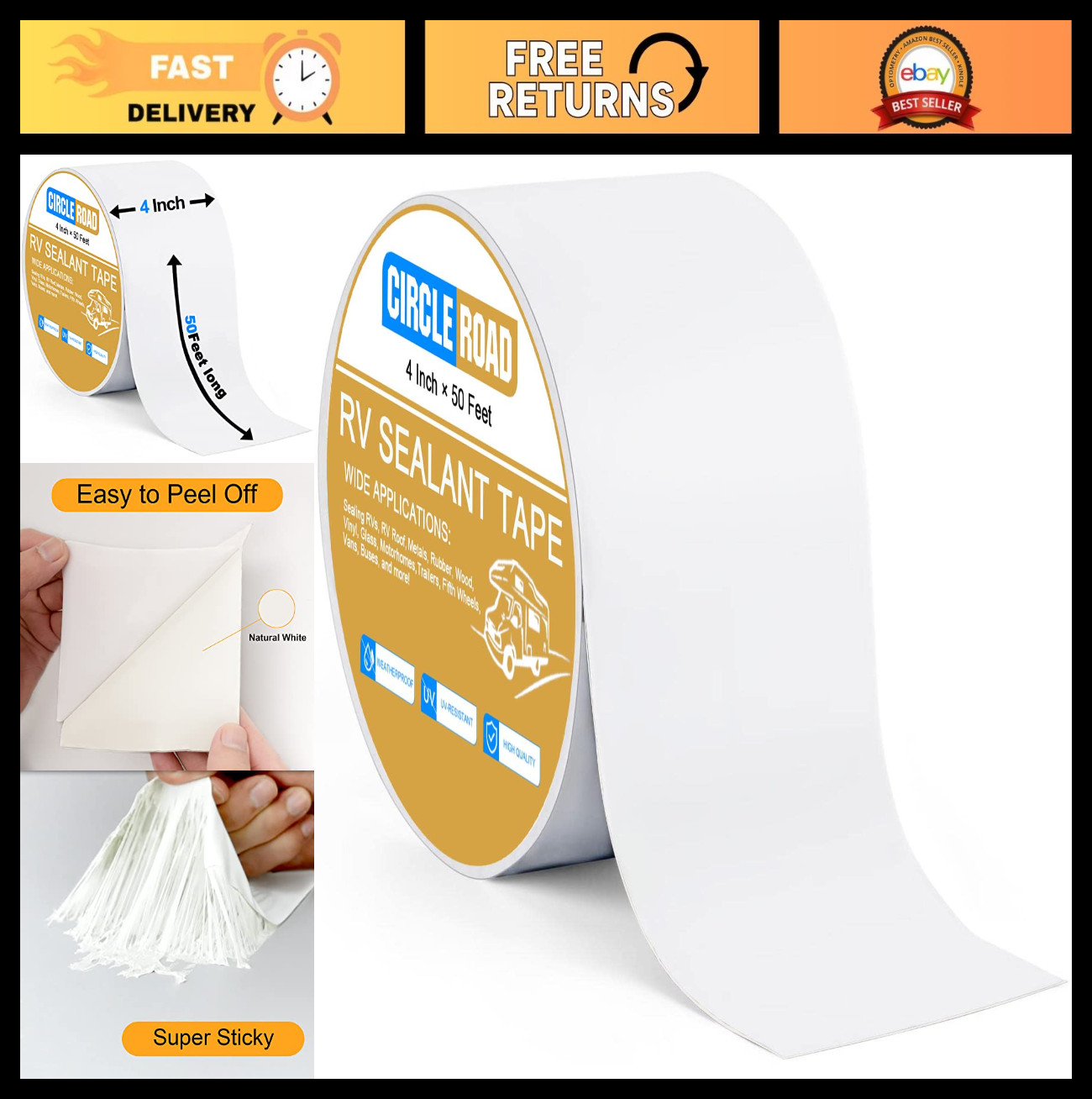 4" x 50' RV Roof Repair Tape - White Sealant for Camper, Trailer, Boat, UV-Resis