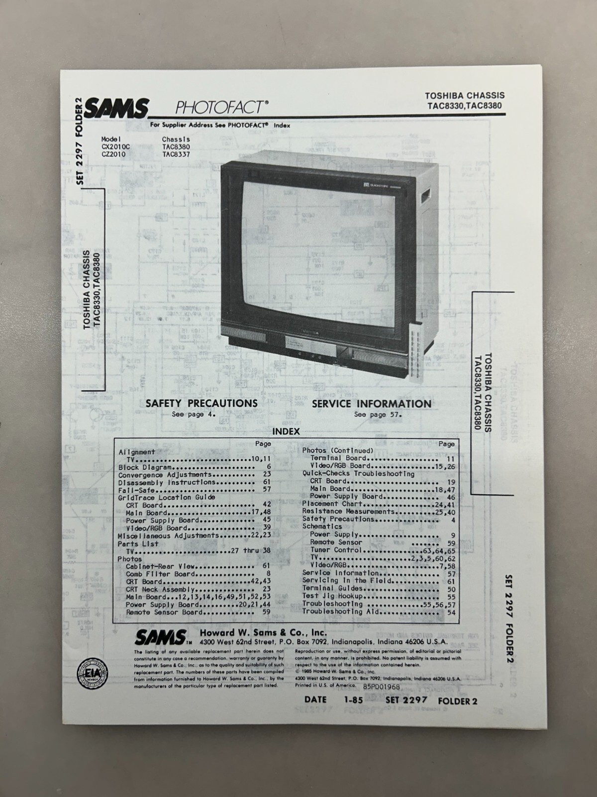 Toshiba TAC8330 TAC8380 Service Manual Sams Photofact Free Shipping