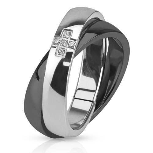 Women Duo Steel And Black Plated Cross Ornate 3025K Rods Engagement Ring