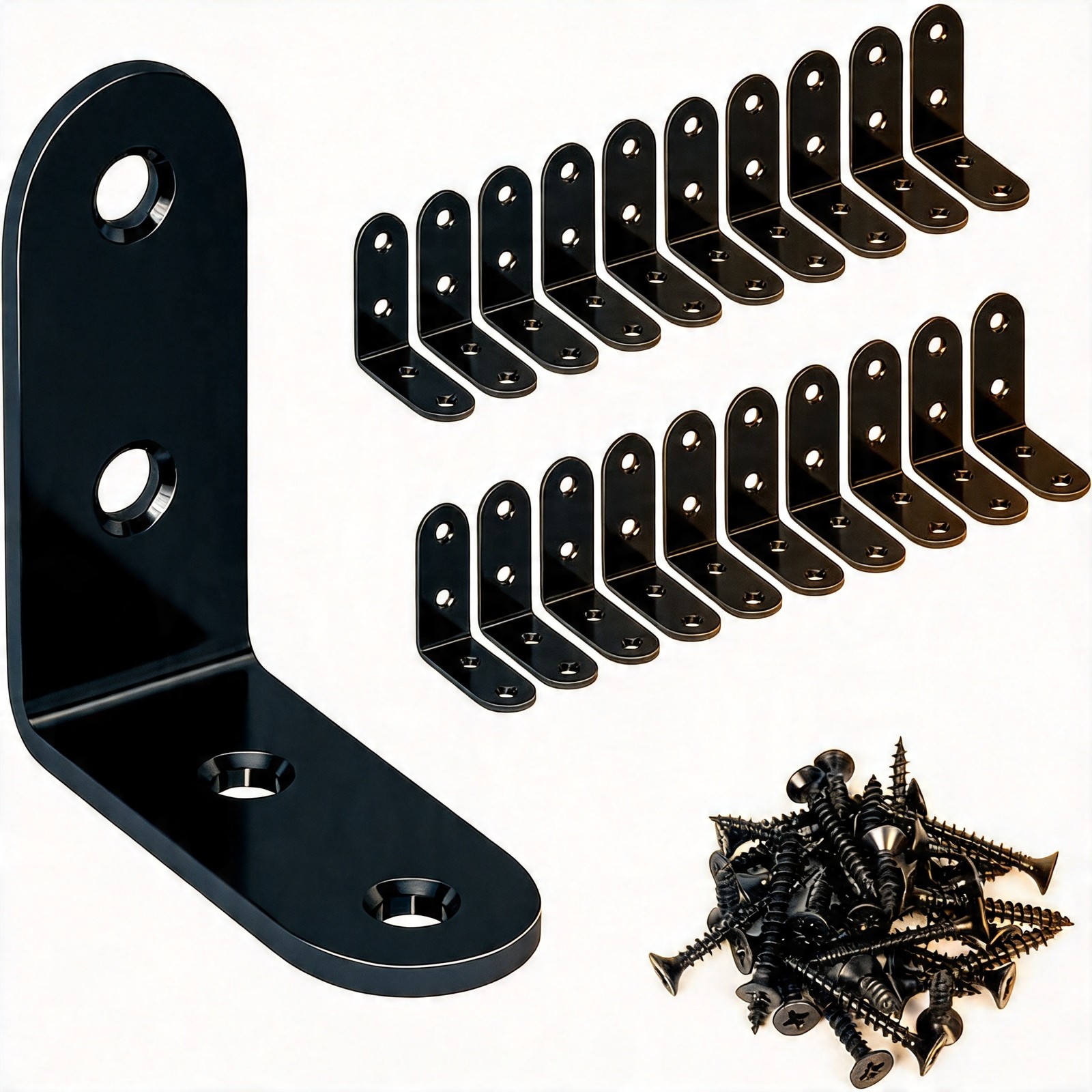 LuckIn 20 Pcs L Bracket 1.57 Inch Black Stainless Steel Corner Brace with Screws