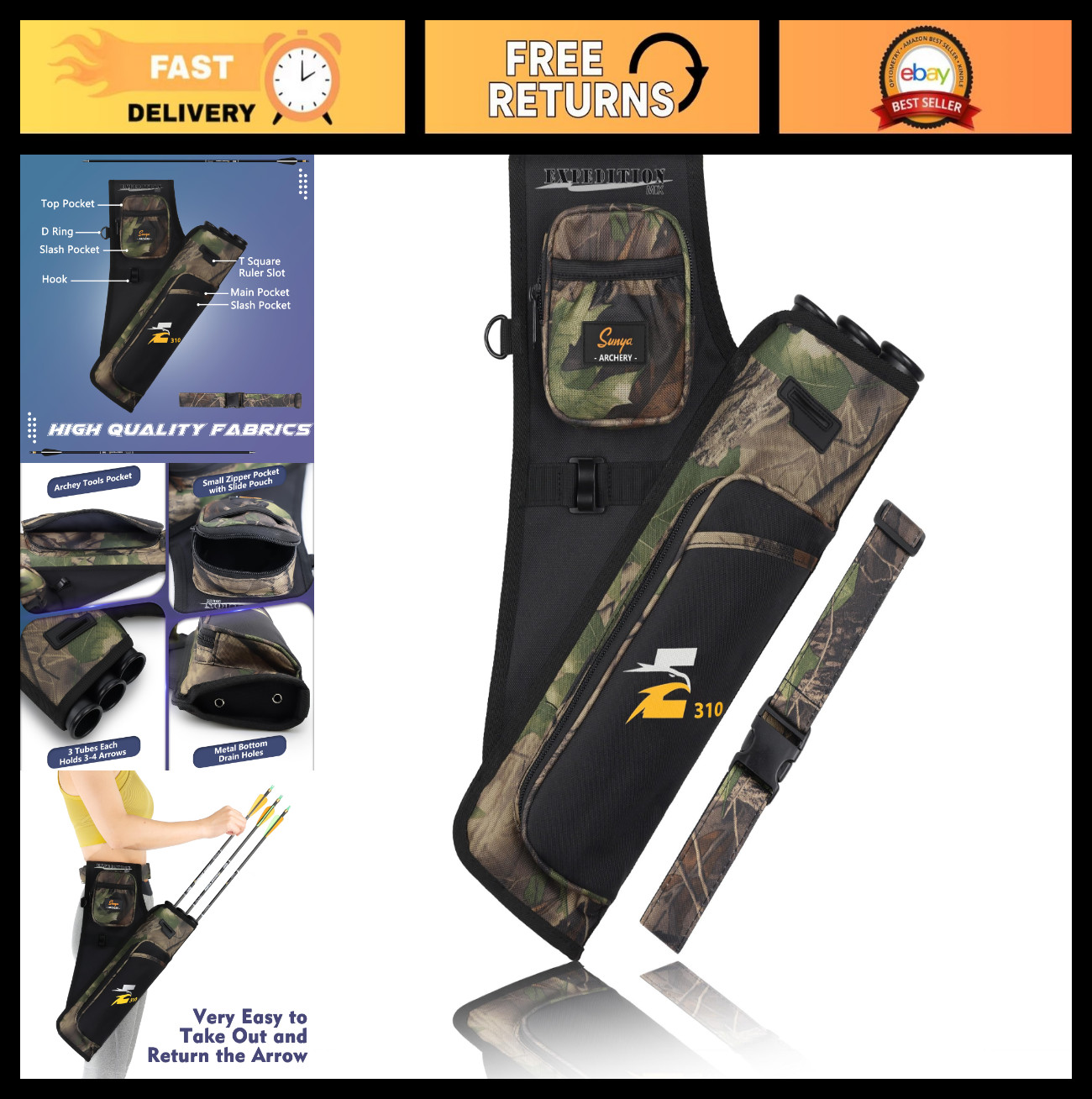 Archery Hip Quiver for Arrows - 3 Tube Holder, Accessory Pockets, Waist Belt, Fi