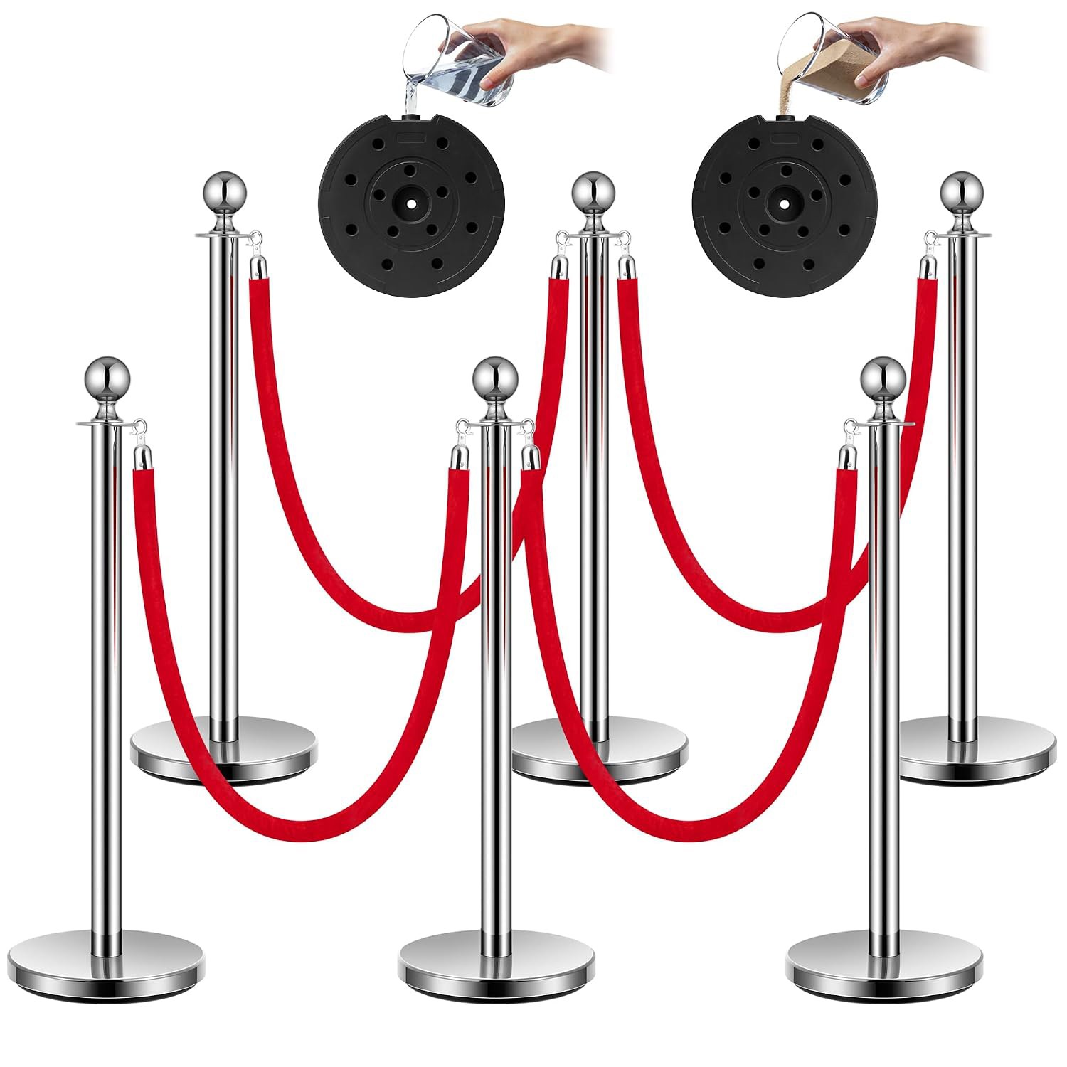 6PCS Stanchion Post Set with 4 Velvet Ropes Crowd Control Barriers Queue Posts