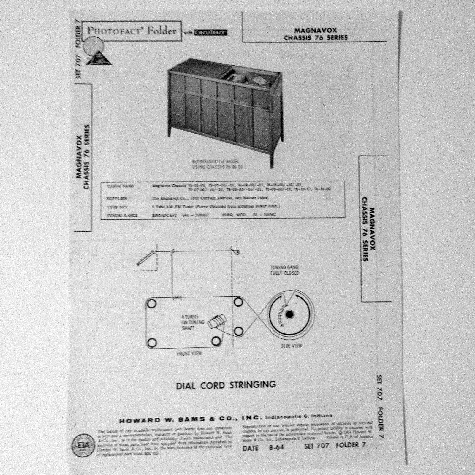 Magnavox Models Using Chassis 76 Series Console - SAMS Photofact ™ 1964 - New