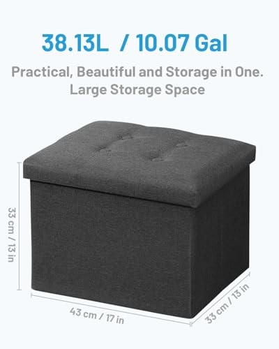 Storage Ottoman Folding Foot Rest Stool, 17 inches Linen Footstool Dark Grey