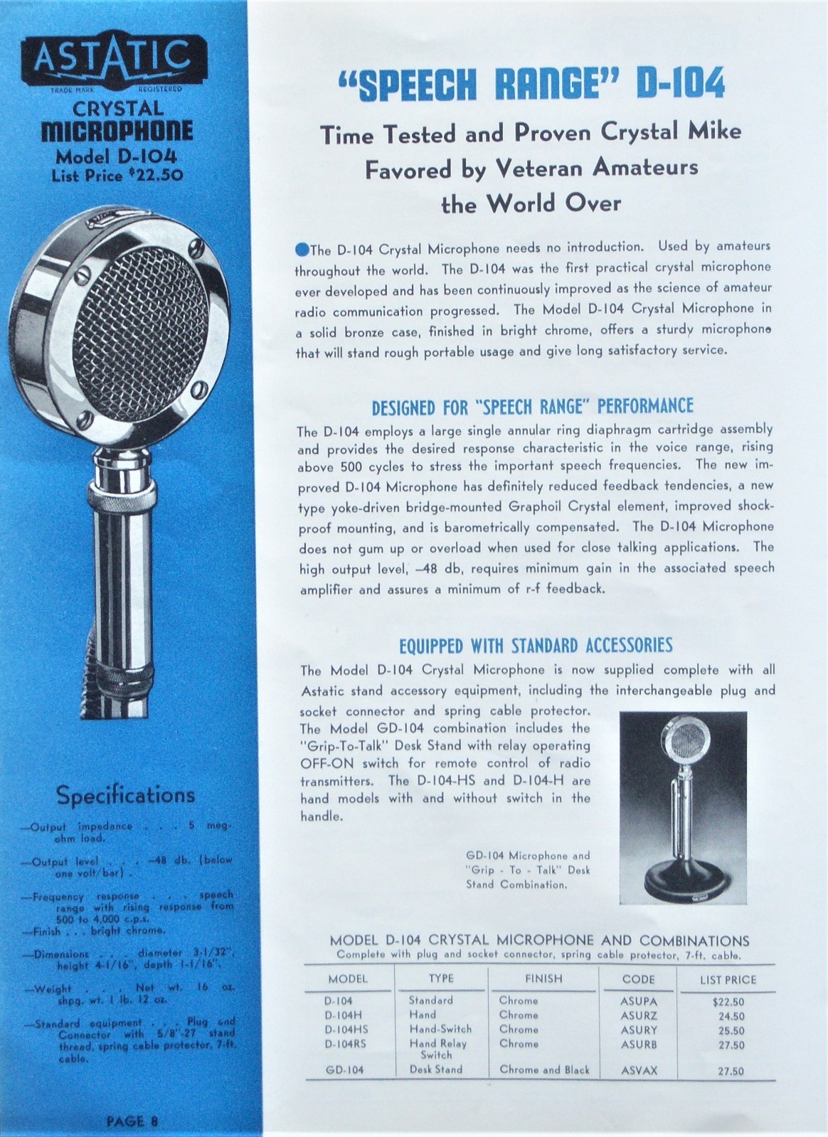 Vintage 1950's Astatic D-104 crystal microphone w F11 adapter & E6G desk stand