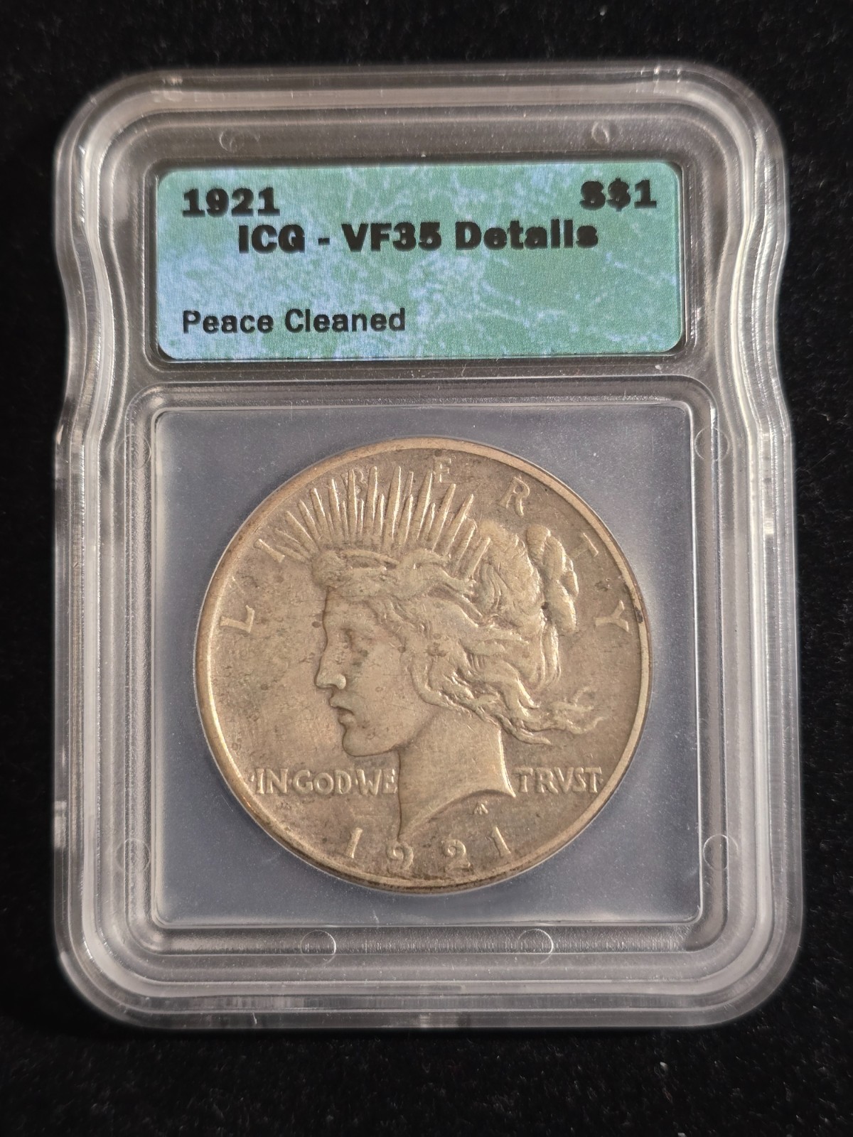 1921 Peace Dollar High Relief ICG VF35 Details Cleaned