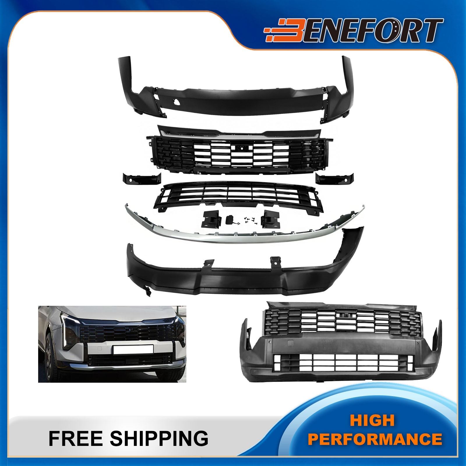 Front Bumper Cover Kit w/ Upper & Lower Grille For 2025-2026 Kia Sportage