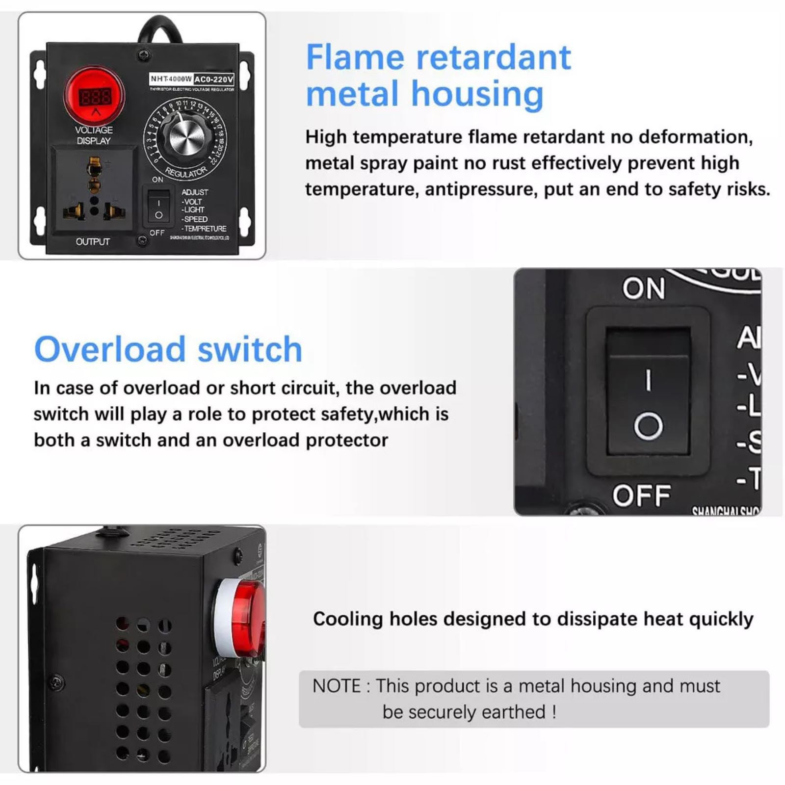 Voltage Regulator Fan Speed Controller Fit AC 10-110V/10-220V Output Voltage
