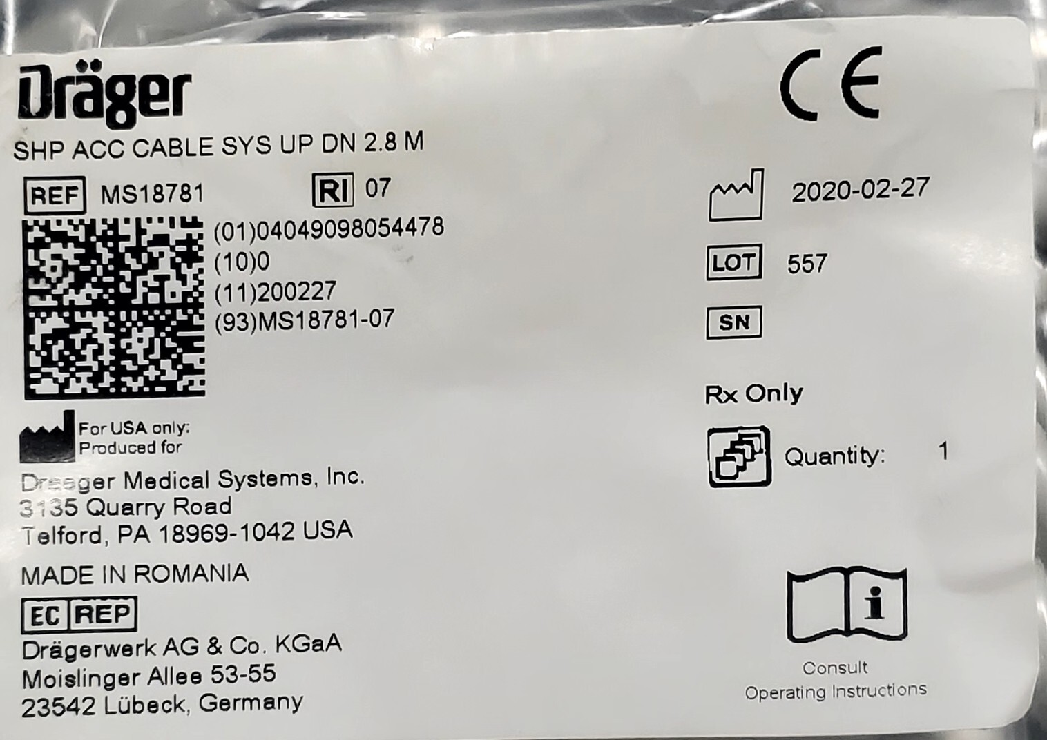 Drager SHP ACC cable. Ref MS1878-07