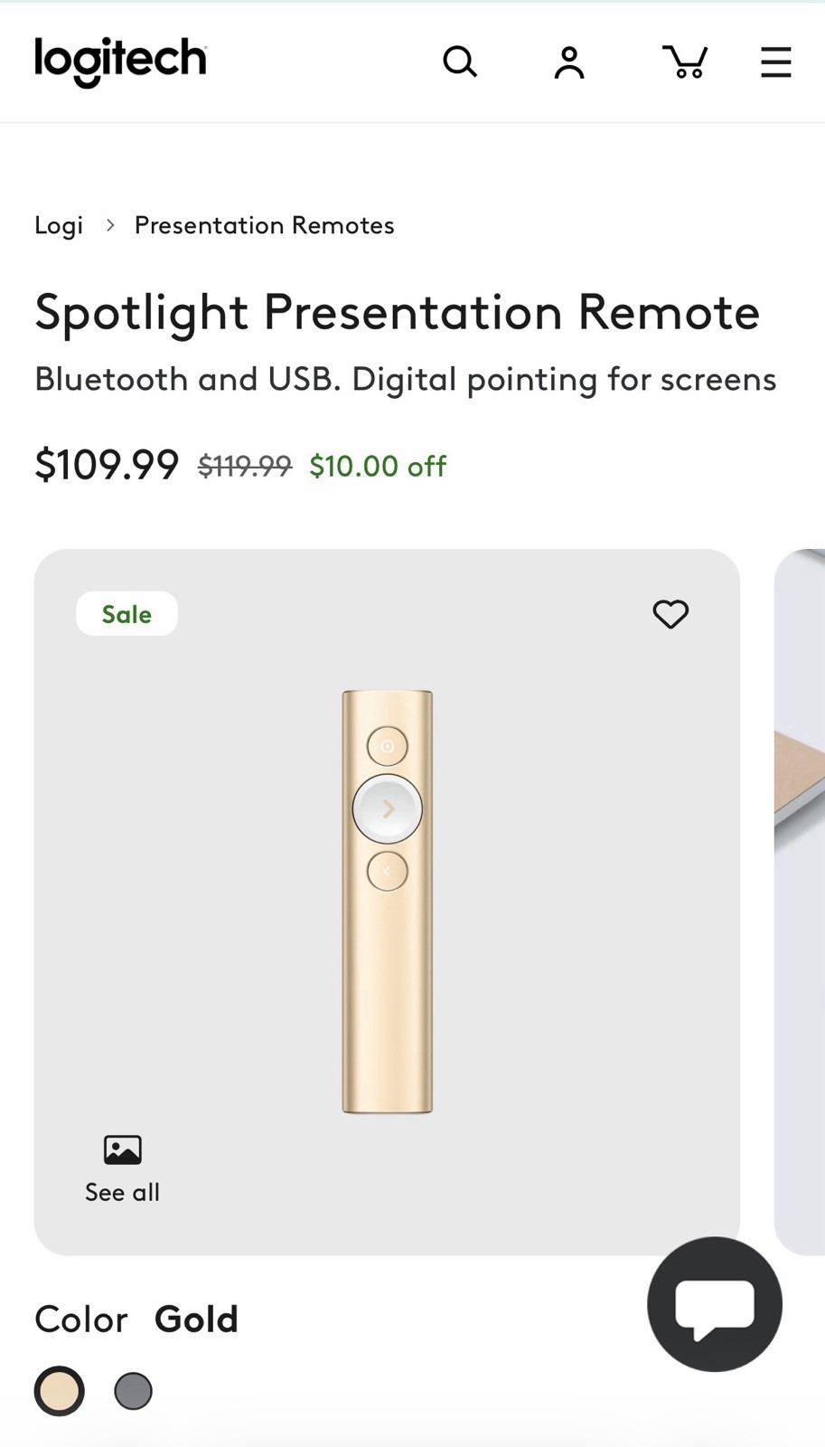 Logitech Spotlight Presentation Remote Gold Bluetooth USB Pointer