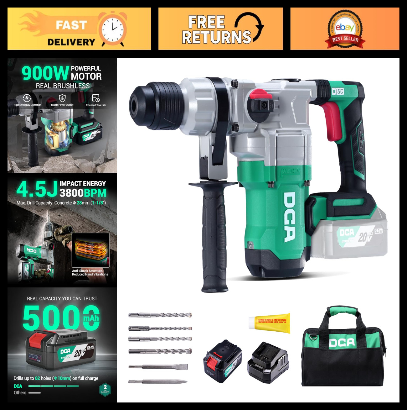 20V Cordless Brushless Rotary Hammer Drill, 4.5J, 3800BPM, SDS-Plus, Vibration C