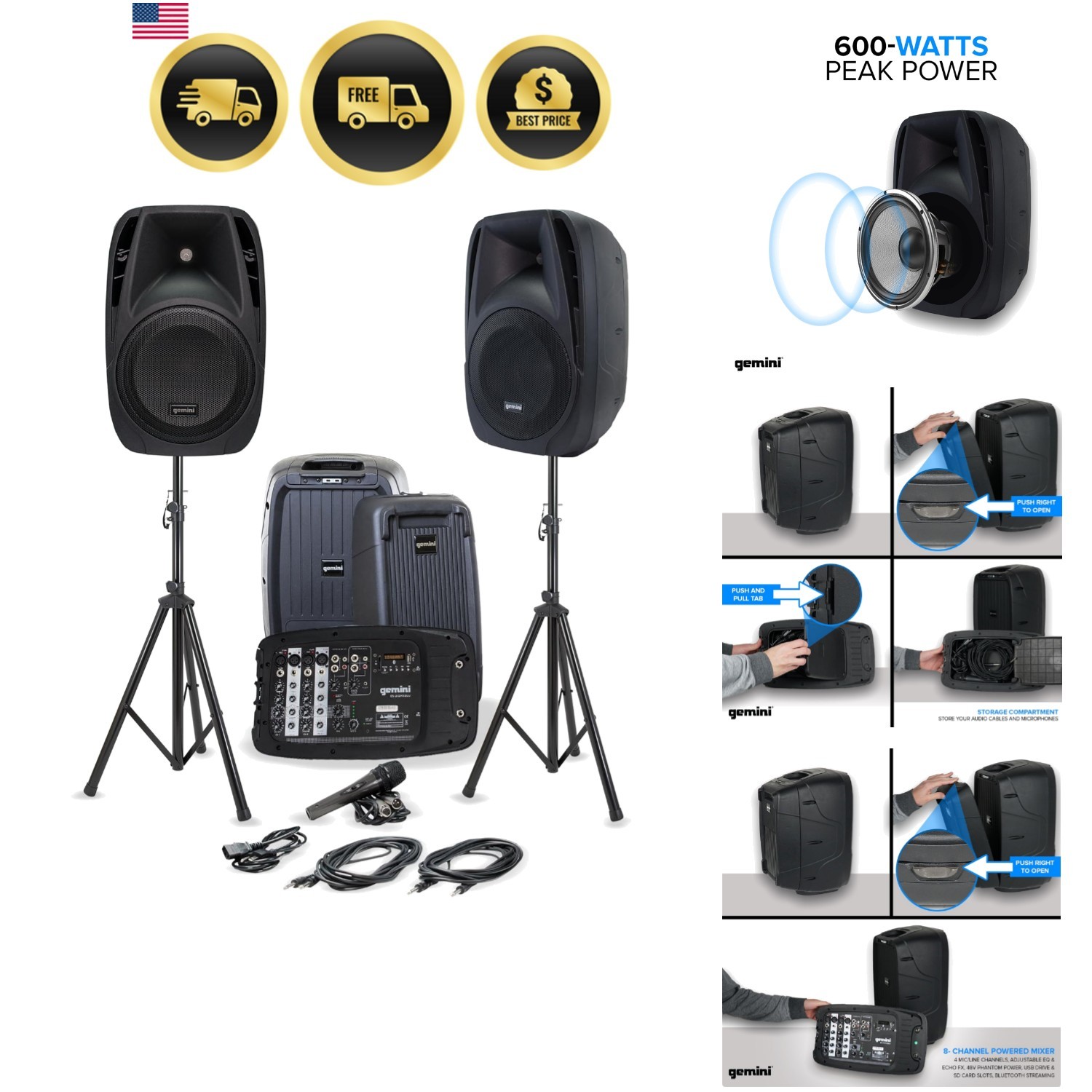Portable PA System Bluetooth Speakers Microphone Mixer Stands 600W