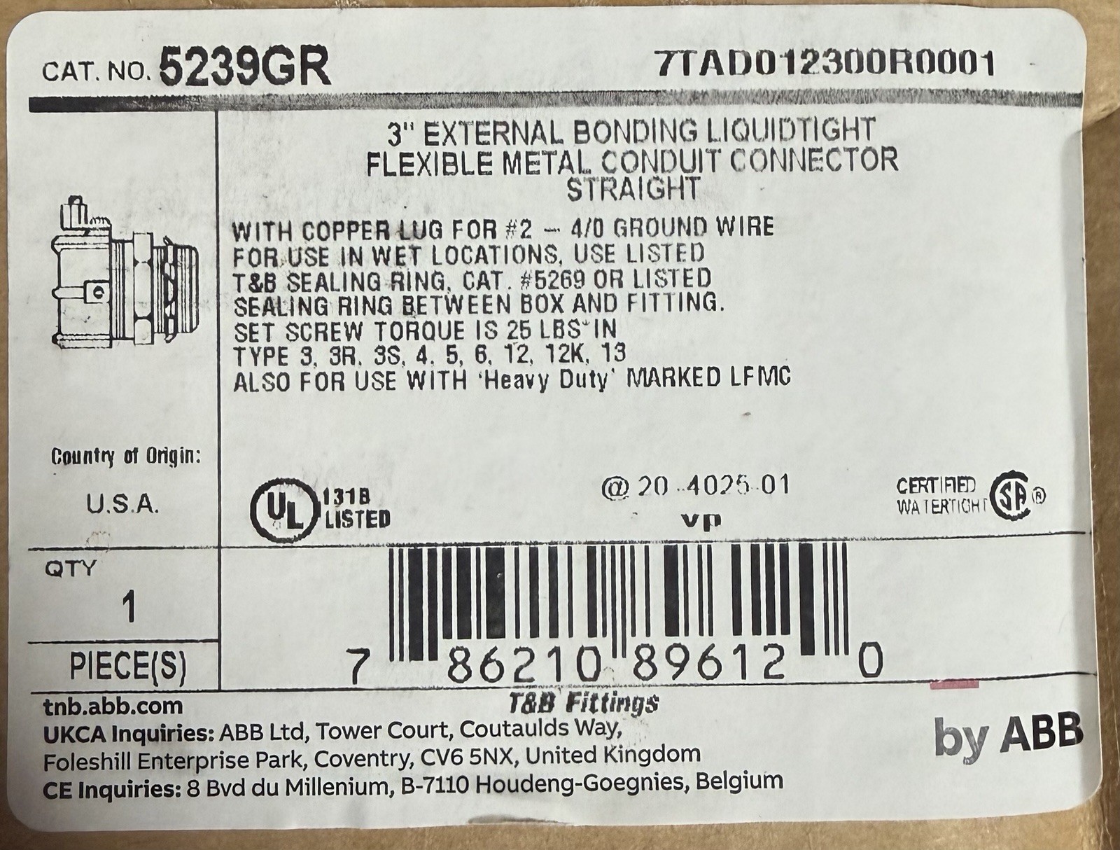 THOMAS & BETTS 5239GR 3" STRAIGHT FLEX CONNECTOR WITH GROUND BRAND NEW