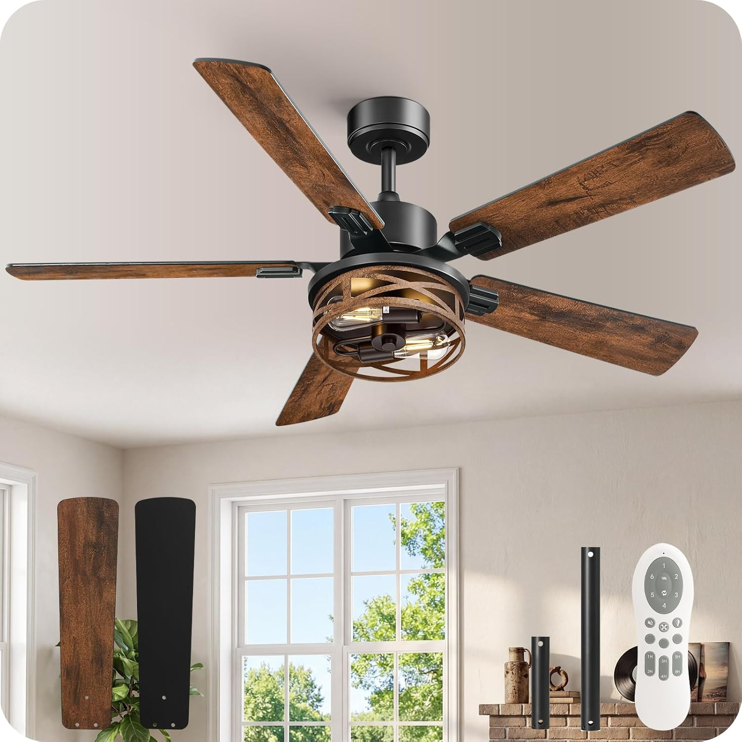 Rustic 52" Farmhouse Ceiling Fan with Remote, Lights & 6 Speeds - Walnut/Black