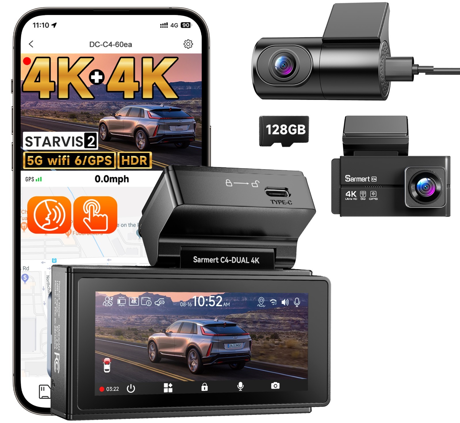 HD 4K,2K  Car Dash Cam Video Recorder Camera DVR GPS 5G WIFI APP  Dashcam +128GB