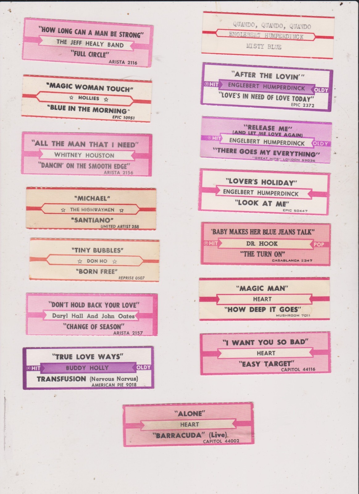 15 ROCK/POP JUKEBOX TITLE STRIPS LOT 8.FREE SHIPPING IN U S