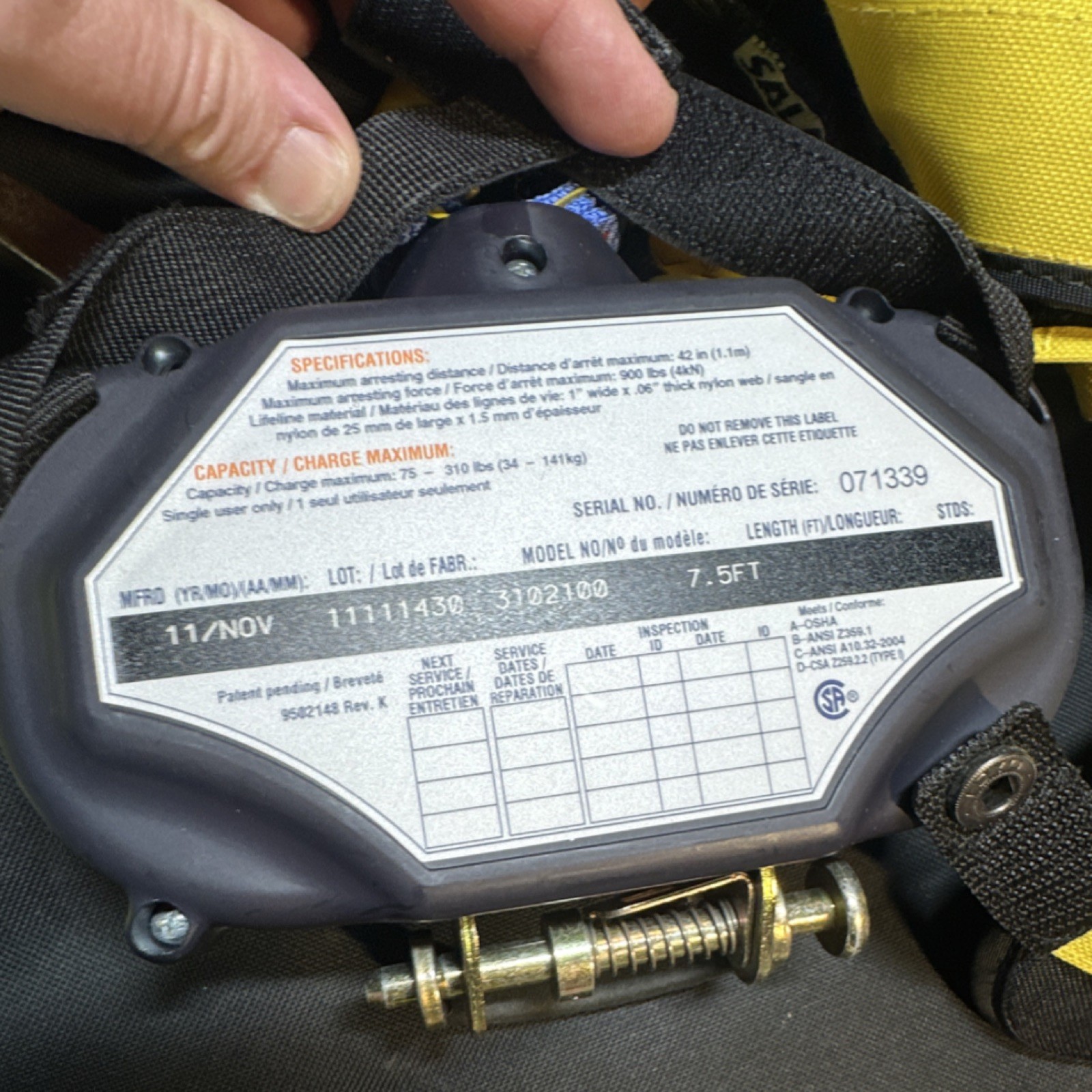 DBI-SALA Talon Self Retracting Lifeline Harness WrapBax2 Connectors 3102100