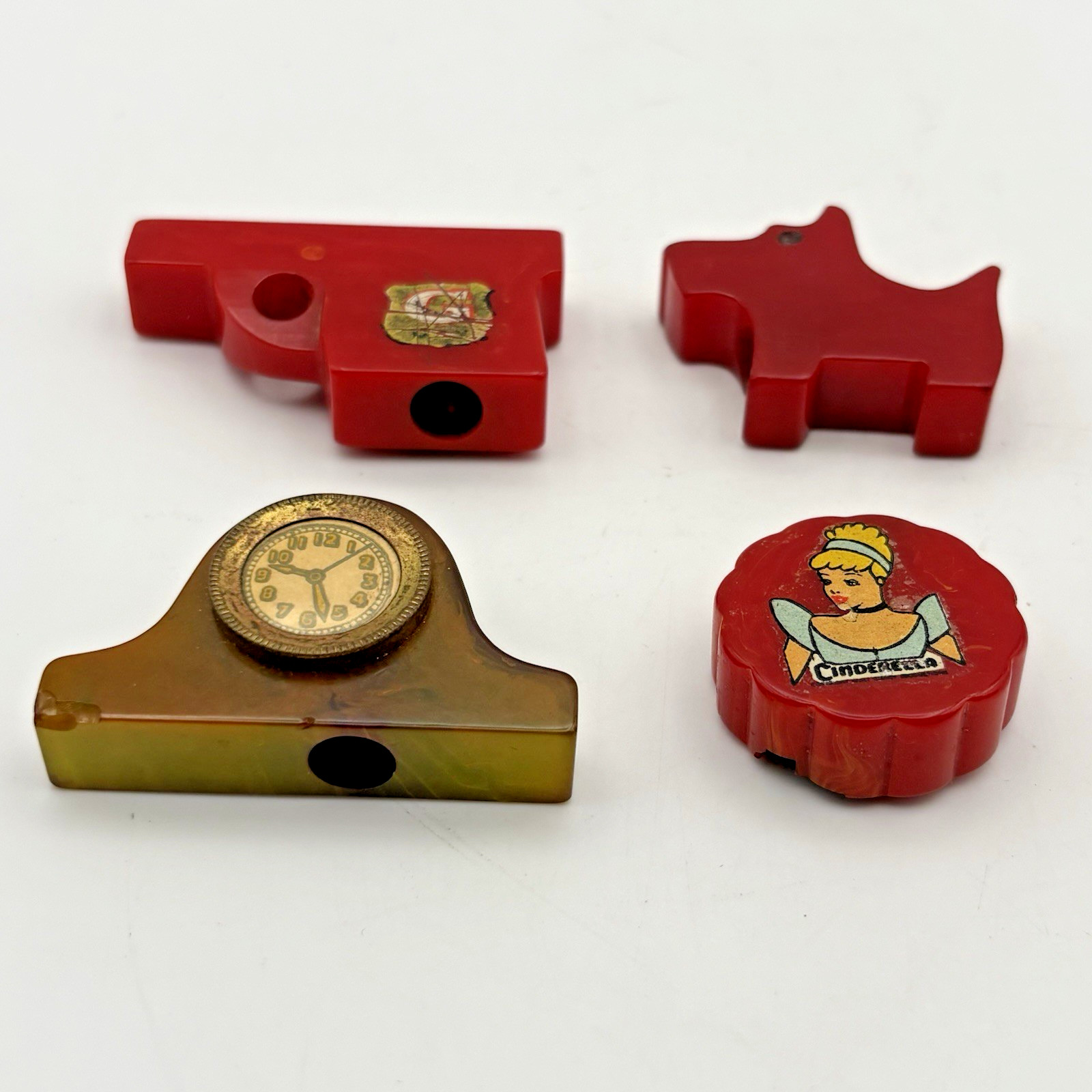 Vintage Bakelite Pencil Sharpener Collection Cinderella Clock Dog G Man Gun