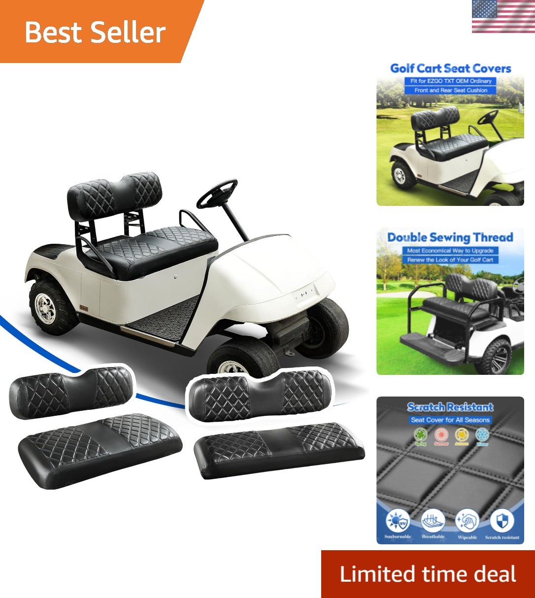 4PCS Golf Cart Diamond Seat Covers Kit, Front&Rear Seat Covers Fits EZGO TXT ...