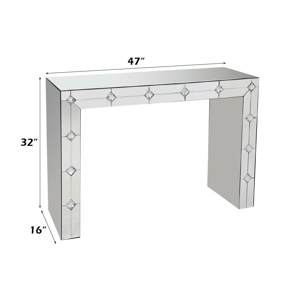 Mirrored Console Table w/ Faux Rhinestones & Sled Base, Silver (47" L x 16" W)