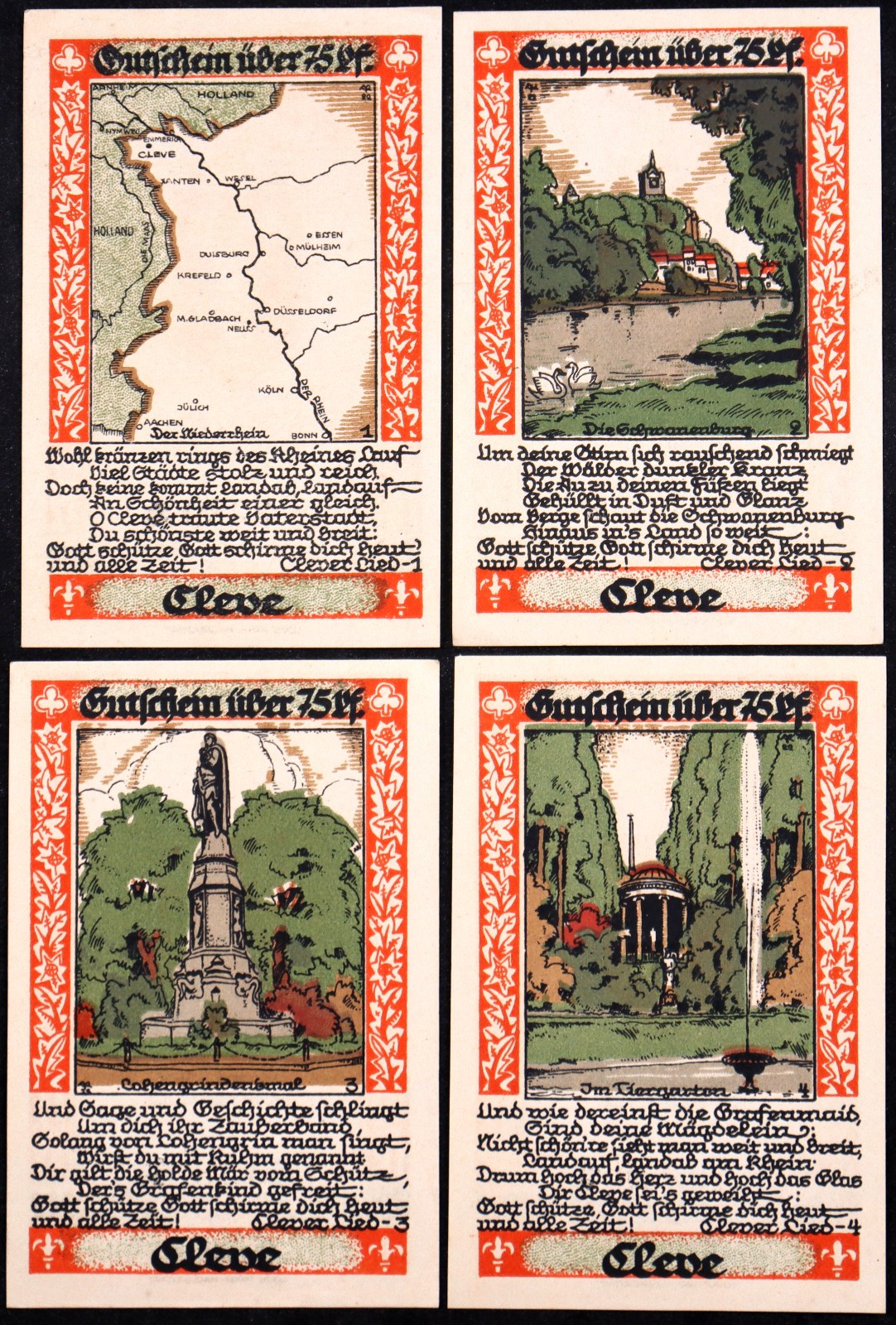 CLEVE / KLEVE 1921 "Lohengrin Statue, Schwanenburg Castle" Rare Complete Notgeld