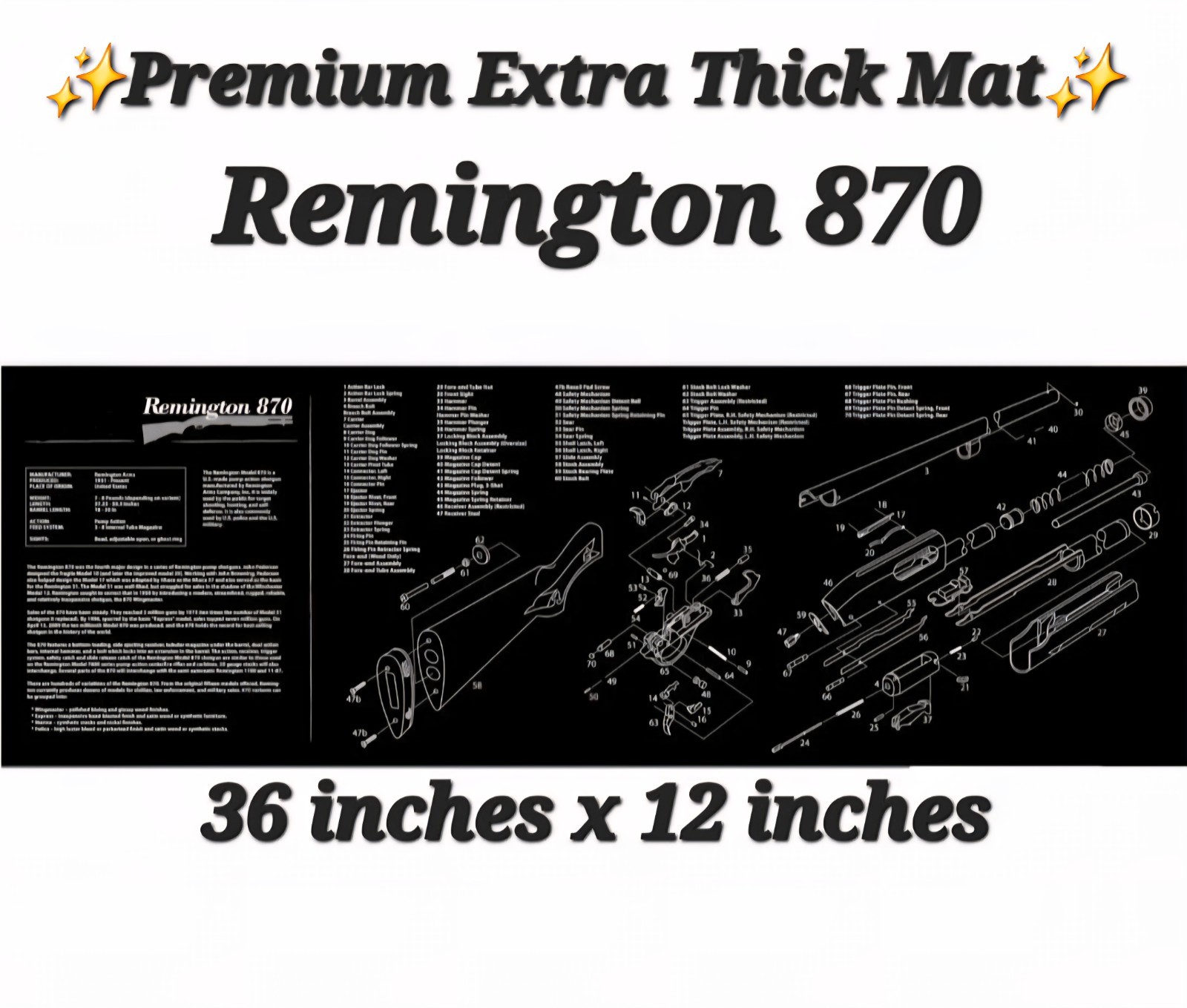 Premuim Remington 870 Gun Cleaning Bench Mat Pad 12" x 36" Extra Thick!