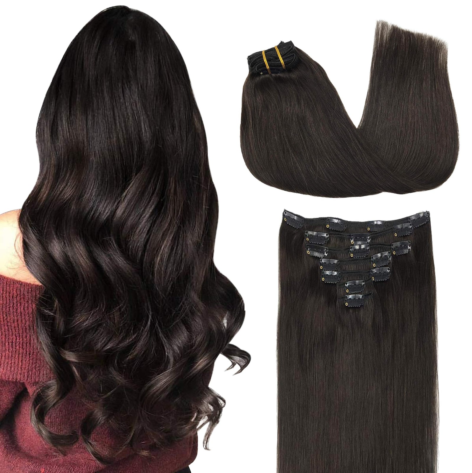 GOO GOO Remy Human Hair Clip-In Extensions 16" 120g Dark Brown #2 7 Pcs
