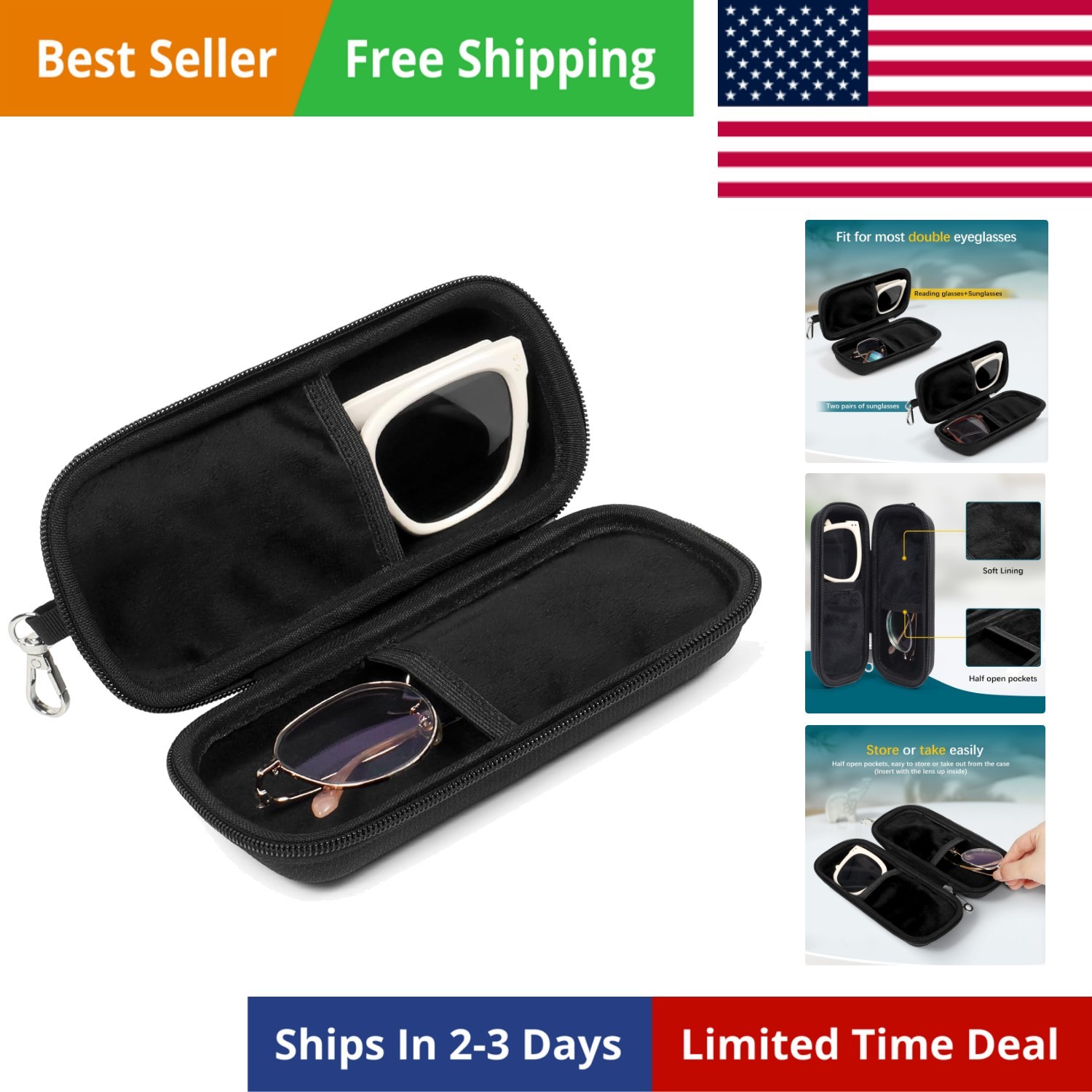 Double Eyeglasses Case Hard Shell Dual Sunglasses Organizer with Zipper Closu...