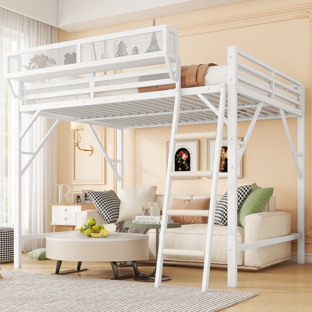 Full Size Loft Bed with Ladder, Metal Full Loft Bed with Storage Shelves White