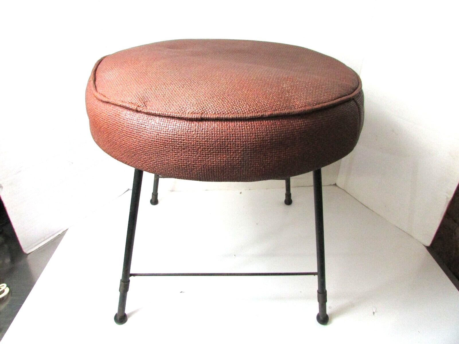 Vintage Retro Brown Round Short Furniture Footstool Upholstery Living Decor