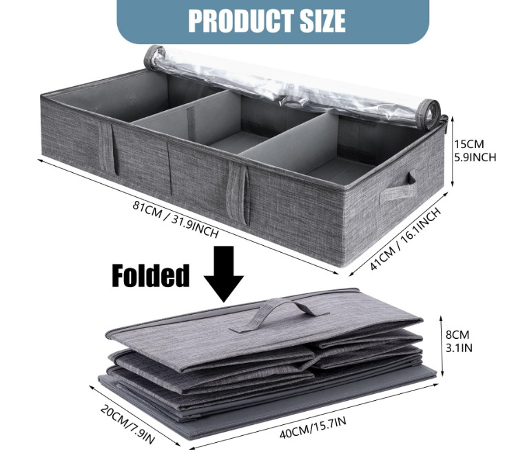 2 Pack 50L UnderBed Storage Box w/ Clear Lid Foldable w/ Adjustable Dividers