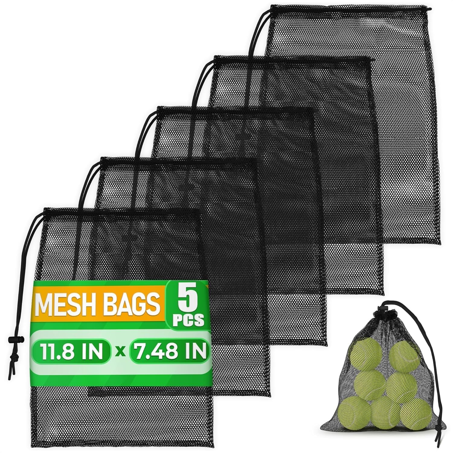 Small Mesh Bags Drawstring Black 5Pcs 5 PCS Set / 11.8*7.48 inch,