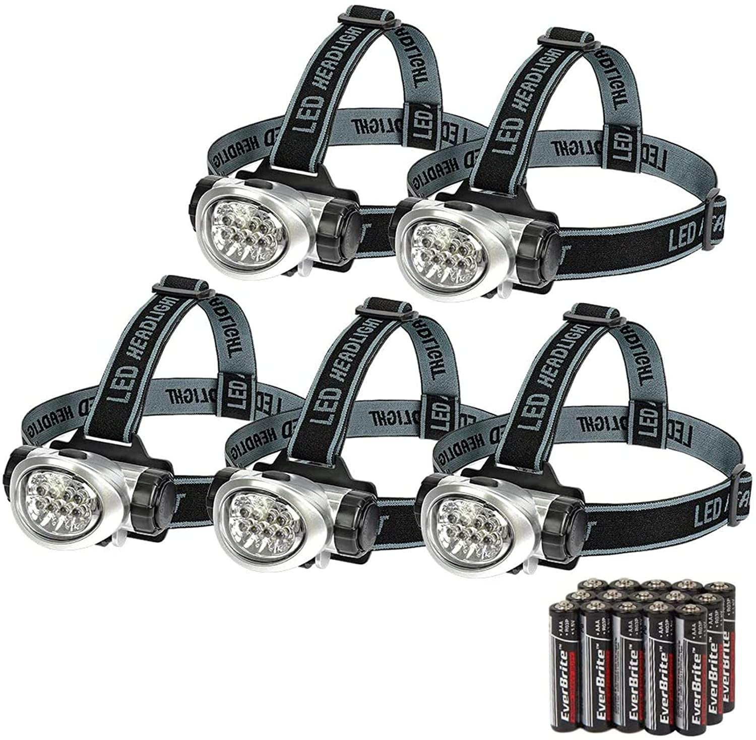 5 Pack LED Headlamps 4 Modes Adjustable for Running, Camping, Batteries Included