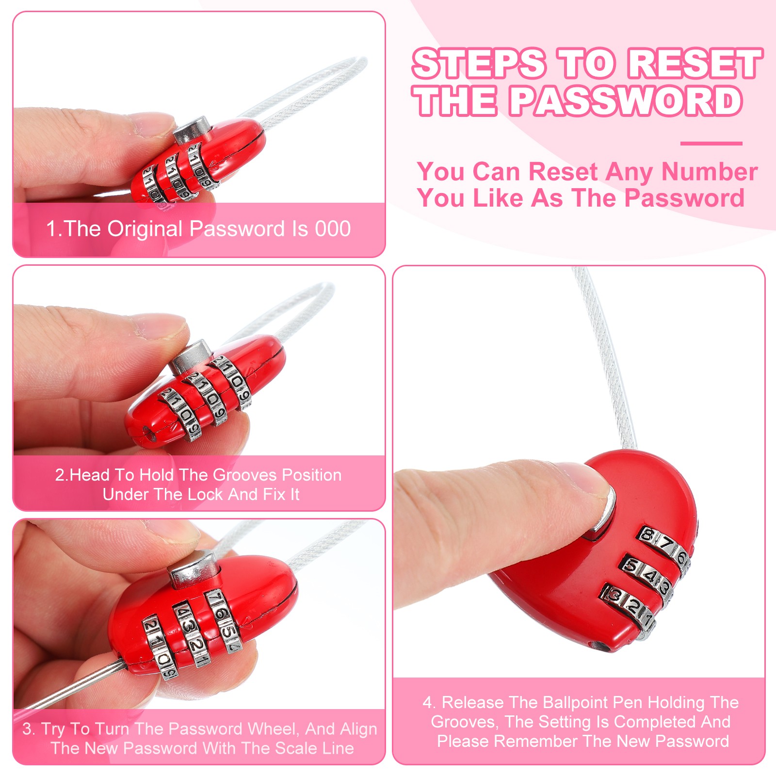 3Pack Heart Padlock Heart Shape Love Lock Combination Lock Locker Locks Red