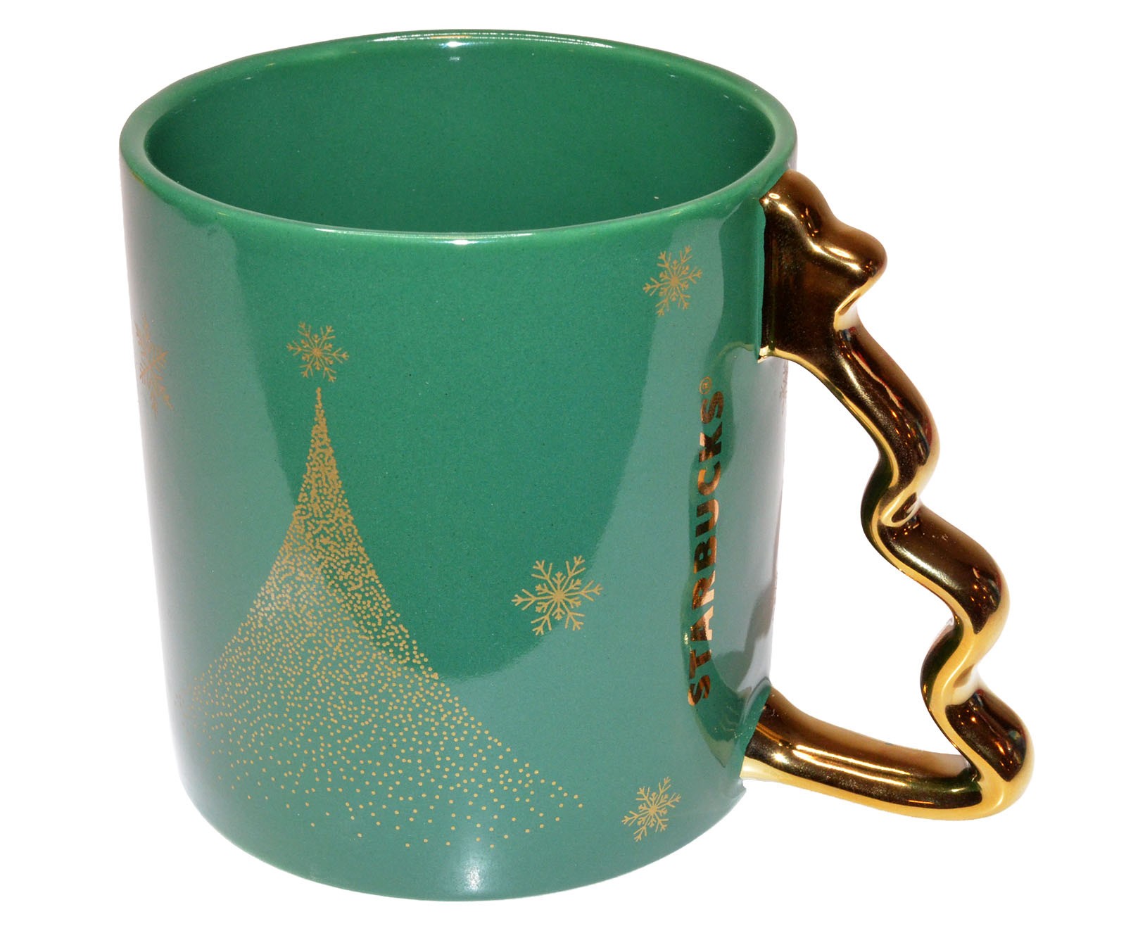 New Starbucks 12oz Ceramic Christmas Tree Handle Coffee Mug / Cup - Gold Green