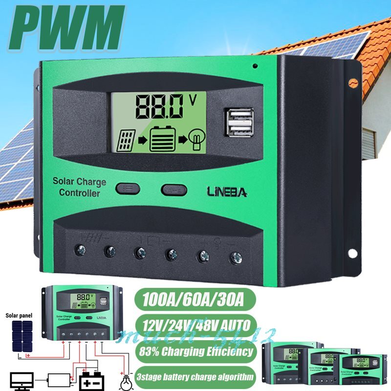 100A 60A 30A PWM Controlador de carga solar 12V/24V Pantalla LCD Regulador panel